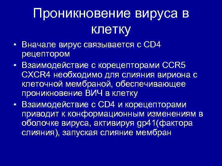 Проникновение вируса в клетку • Вначале вирус связывается с CD 4 рецептором • Взаимодействие