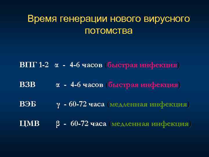 Время генерации нового вирусного потомства ВПГ 1 -2 α - 4 -6 часов (быстрая