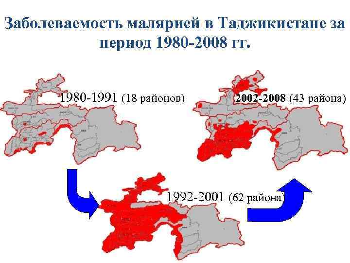 Заболеваемость малярией в Таджикистане за период 1980 -2008 гг. 1980 -1991 (18 районов) 2002