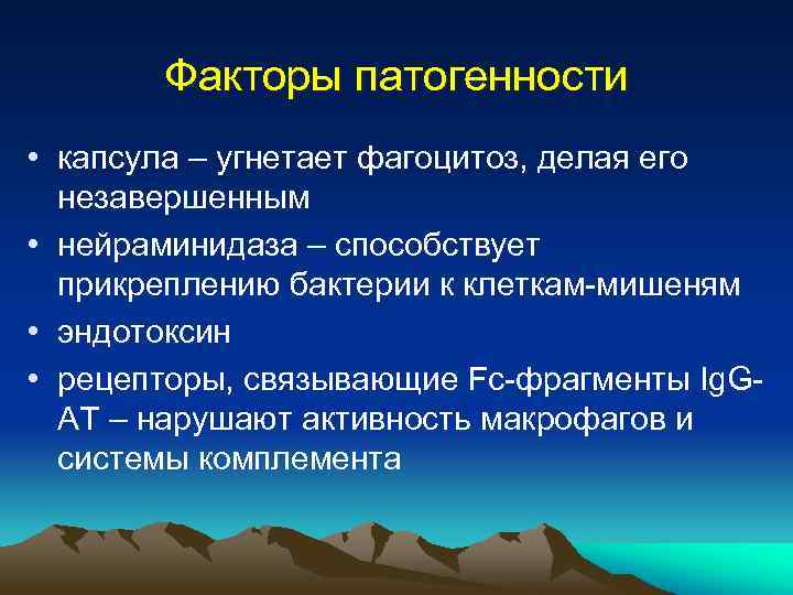 Факторы патогенности • капсула – угнетает фагоцитоз, делая его незавершенным • нейраминидаза – способствует