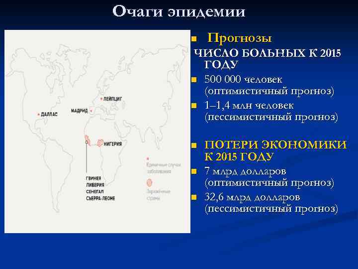 Очаги эпидемии Прогнозы ЧИСЛО БОЛЬНЫХ К 2015 ГОДУ n 500 000 человек (оптимистичный прогноз)