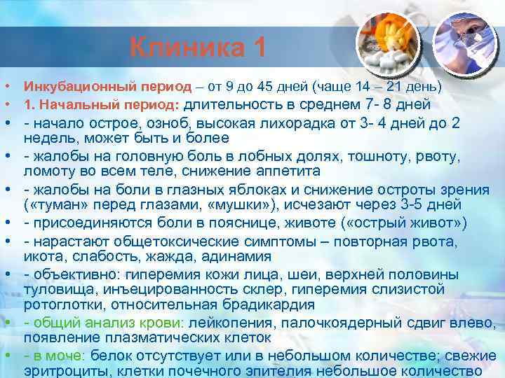 Клиника 1 • Инкубационный период – от 9 до 45 дней (чаще 14 –