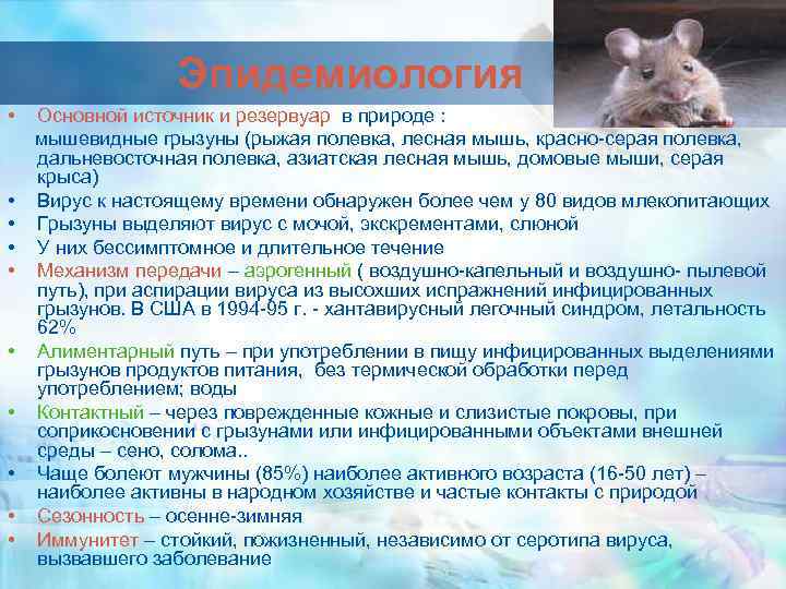 Эпидемиология • Основной источник и резервуар в природе : мышевидные грызуны (рыжая полевка, лесная