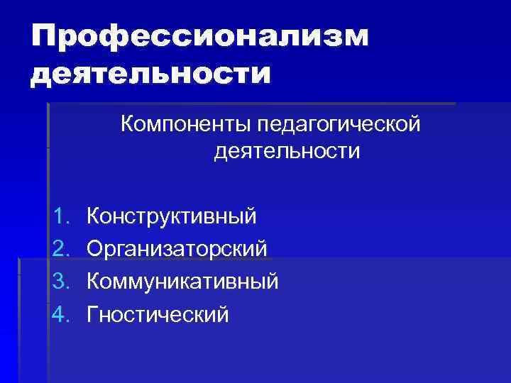 Профессионализм деятельности Компоненты педагогической деятельности 1. 2. 3. 4. Конструктивный Организаторский Коммуникативный Гностический 