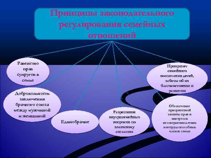 Принципы законодательного регулирования семейных отношений Равенство прав супругов в семье Приоритет семейного воспитания детей,