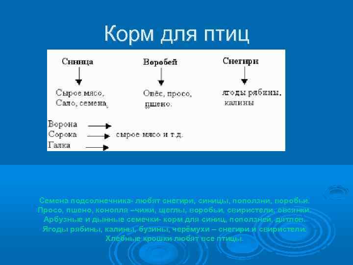 Корм для птиц Семена подсолнечника- любят снегири, синицы, поползни, воробьи. Просо, пшено, конопля –чижи,