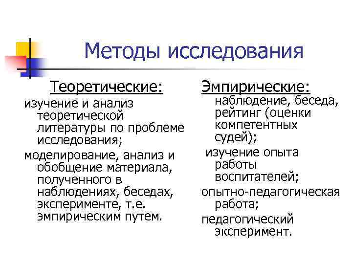 Методы исследования Теоретические: изучение и анализ теоретической литературы по проблеме исследования; моделирование, анализ и