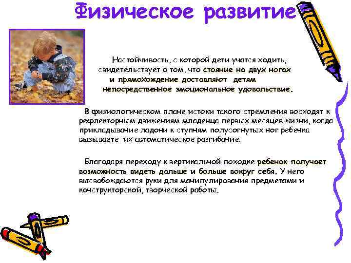 Физическое развитие Настойчивость, с которой дети учатся ходить, свидетельствует о том, что стояние на