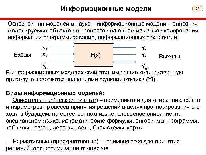 Информационные модели 20 Основной тип моделей в науке – информационные модели – описания моделируемых