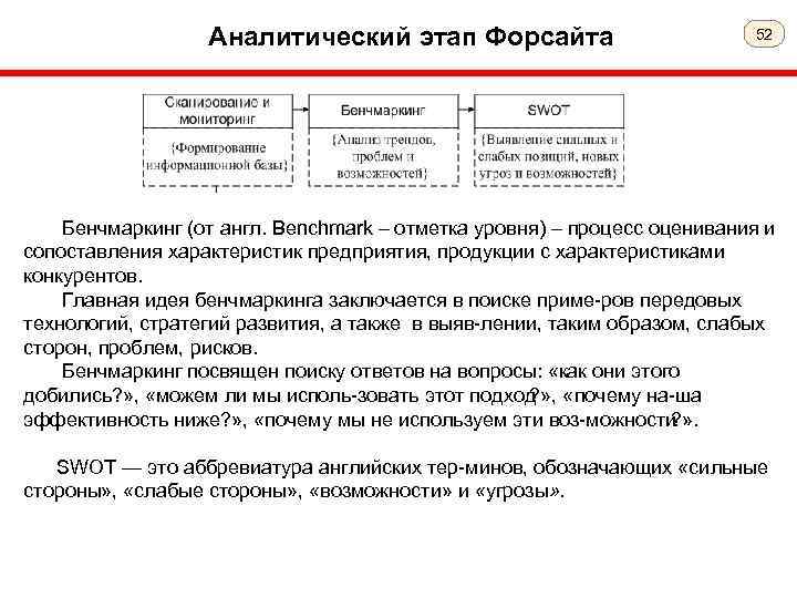 Аналитический этап Форсайта 52 Бенчмаркинг (от англ. Benchmark – отметка уровня) – процесс оценивания