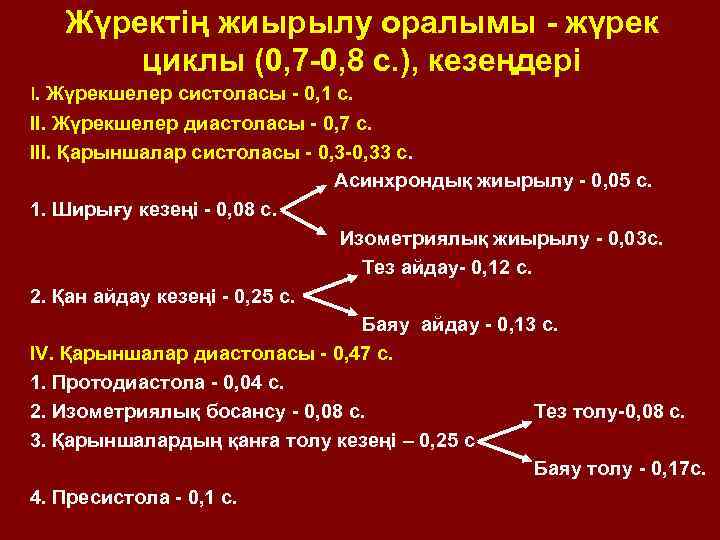 Жүректің жиырылу оралымы - жүрек циклы (0, 7 -0, 8 с. ), кезеңдері I.