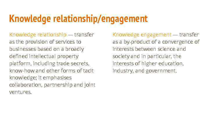 Knowledge relationship/engagement Knowledge relationship — transfer as the provision of services to businesses based