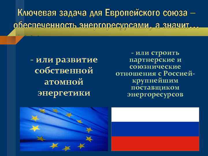 Ключевая задача для Европейского союза – обеспеченность энергоресурсами, а значит… - или развитие собственной