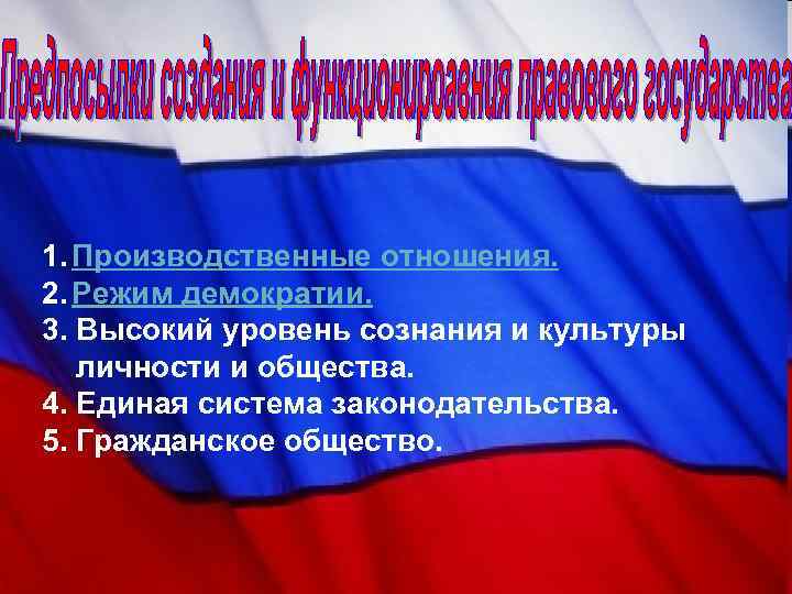 1. Производственные отношения. 2. Режим демократии. 3. Высокий уровень сознания и культуры личности и