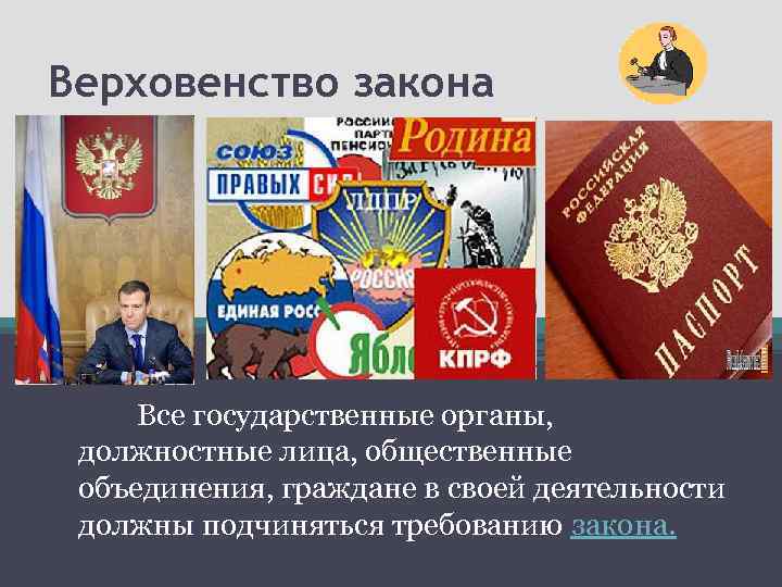 Верховенство закона Все государственные органы, должностные лица, общественные объединения, граждане в своей деятельности должны