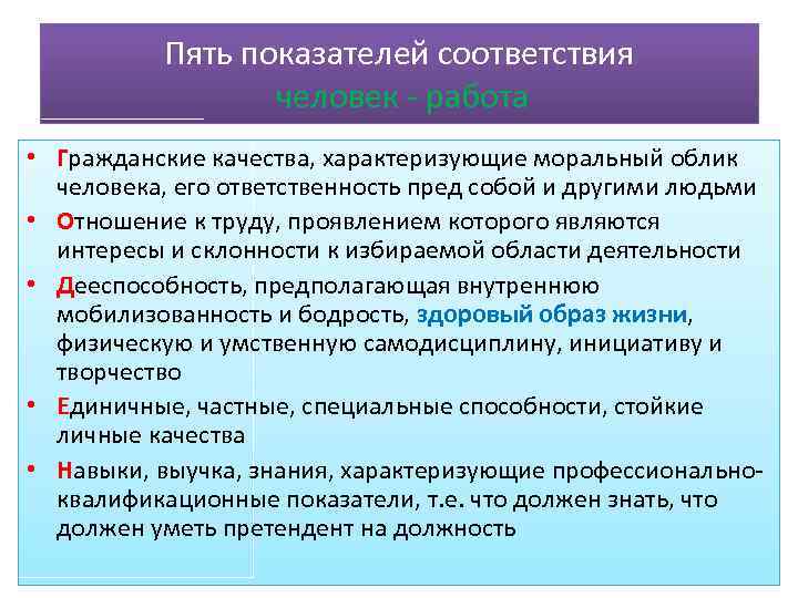 Пять показателей соответствия человек - работа • Гражданские качества, характеризующие моральный облик человека, его