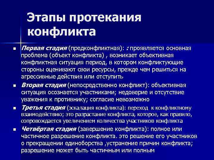 Этапы протекания конфликта Первая стадия (предконфликтная): : проявляется основная проблема (объект конфликта) , возникает