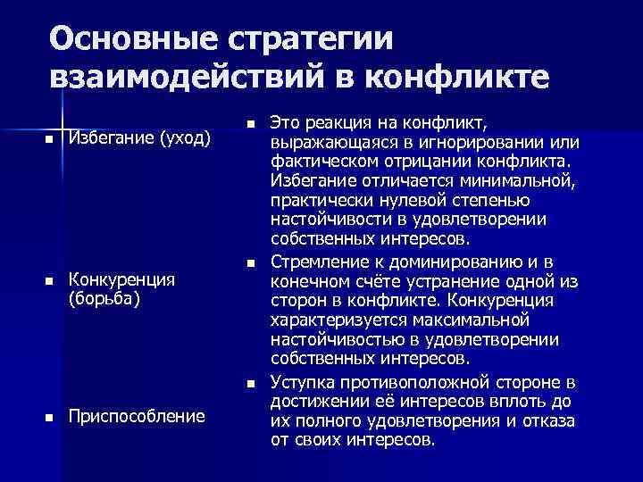 Основные стратегии взаимодействий в конфликте Избегание (уход) Конкуренция (борьба) Приспособление Это реакция на конфликт,