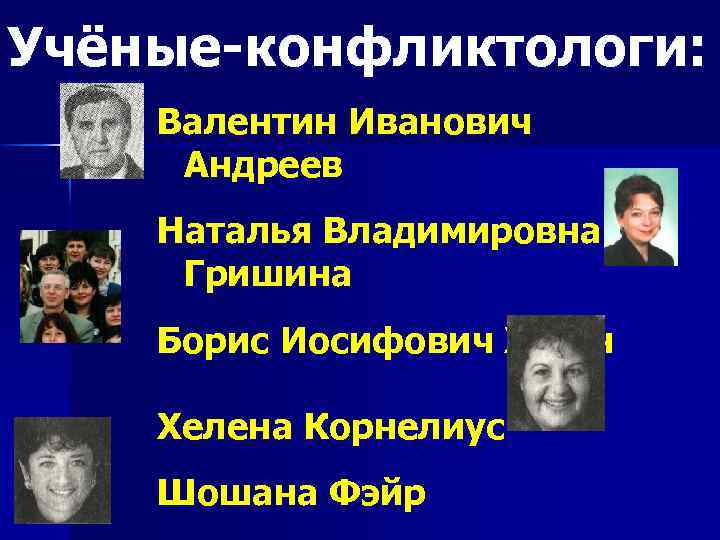 Учёные-конфликтологи: Валентин Иванович Андреев Наталья Владимировна Гришина Борис Иосифович Хасан Хелена Корнелиус Шошана Фэйр