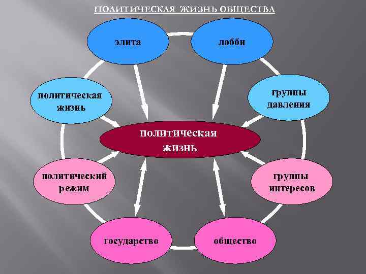 ПОЛИТИЧЕСКАЯ ЖИЗНЬ ОБЩЕСТВА элита лобби группы давления политическая жизнь политический режим государство группы интересов