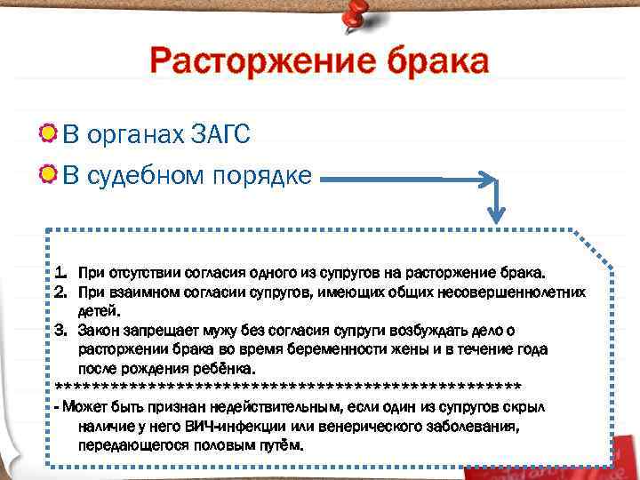 Расторжение брака В органах ЗАГС В судебном порядке 1. При отсутствии согласия одного из