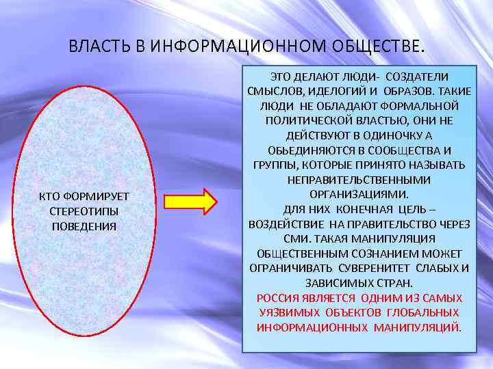 ВЛАСТЬ В ИНФОРМАЦИОННОМ ОБЩЕСТВЕ. КТО ФОРМИРУЕТ СТЕРЕОТИПЫ ПОВЕДЕНИЯ ЭТО ДЕЛАЮТ ЛЮДИ- СОЗДАТЕЛИ СМЫСЛОВ, ИДЕЛОГИЙ