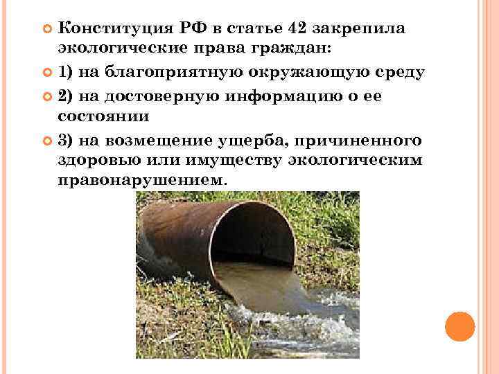 Конституция РФ в статье 42 закрепила экологические права граждан: 1) на благоприятную окружающую среду