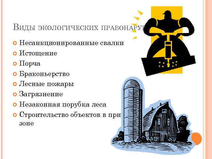 ВИДЫ ЭКОЛОГИЧЕСКИХ ПРАВОНАРУШЕНИЙ Несанкционированные свалки Истощение Порча Браконьерство Лесные пожары Загрязнение Незаконная порубка леса