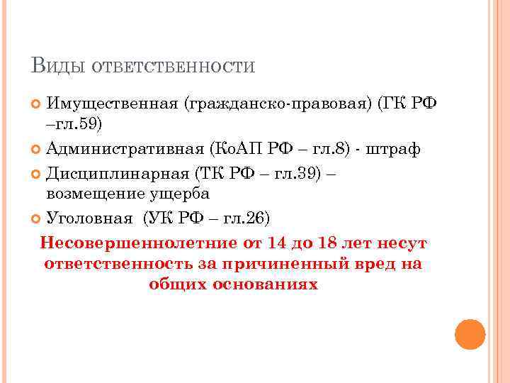 ВИДЫ ОТВЕТСТВЕННОСТИ Имущественная (гражданско-правовая) (ГК РФ –гл. 59) Административная (Ко. АП РФ – гл.