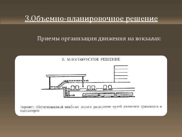 3. Объемно-планировочное решение Приемы организации движения на вокзалах: 