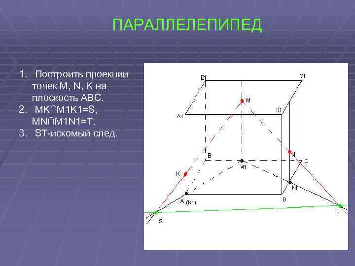 ПАРАЛЛЕЛЕПИПЕД 1. Построить проекции точек M, N, K на плоскость ABC. 2. MK∩M 1