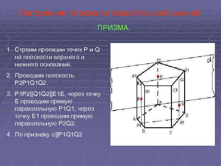 Построение плоскости параллельной данной ПРИЗМА. 1. Строим проекции точек P и Q на плоскости