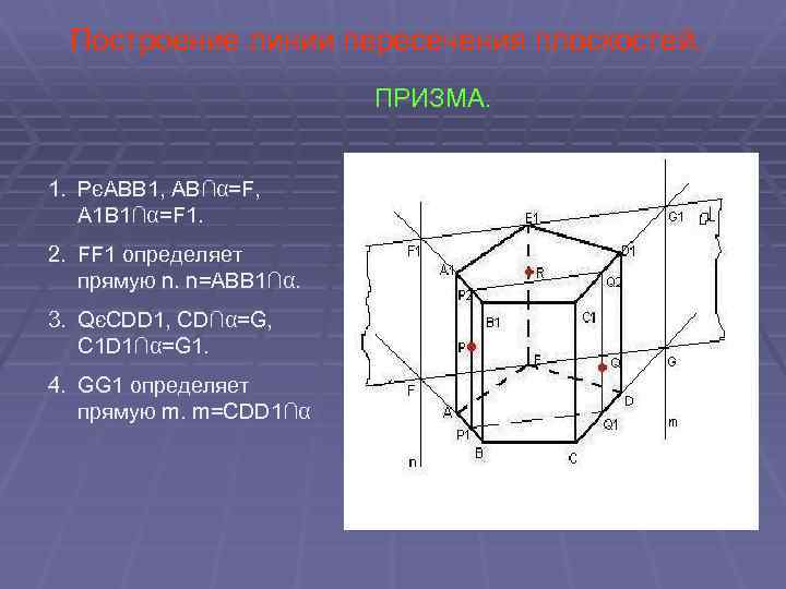 Построение линии пересечения плоскостей. ПРИЗМА. 1. PєABB 1, AB∩α=F, A 1 B 1∩α=F 1.