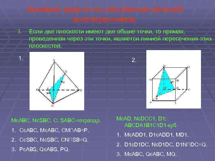 Базовые задачи на построение сечений многогранников. I. Если две плоскости имеют две общие точки,
