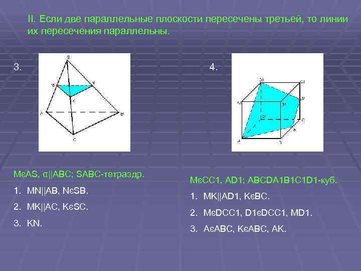 II. Если две параллельные плоскости пересечены третьей, то линии их пересечения параллельны. 3. MєAS,