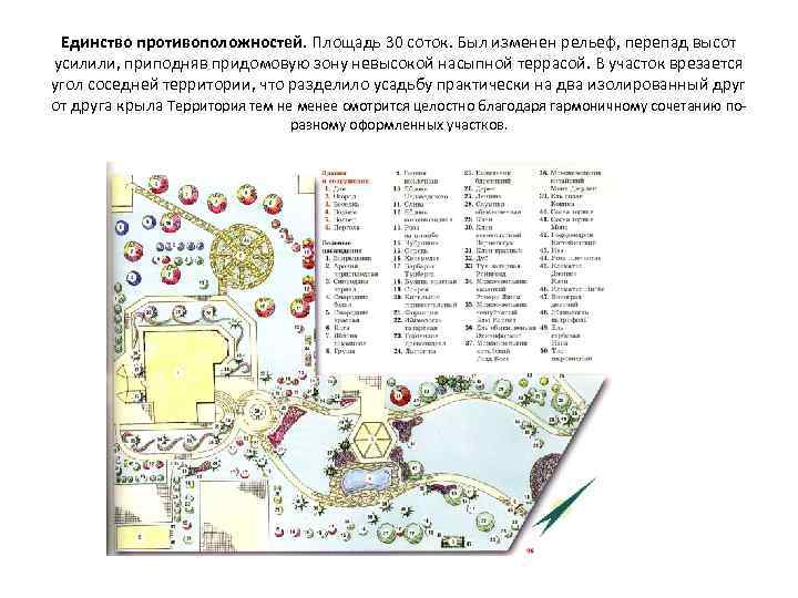 Единство противоположностей. Площадь 30 соток. Был изменен рельеф, перепад высот усилили, приподняв придомовую зону