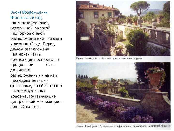 Эпоха Возрождения. Итальянский сад На верхней террасе, отделенной высокой подпорной стеной расположены висячие сады