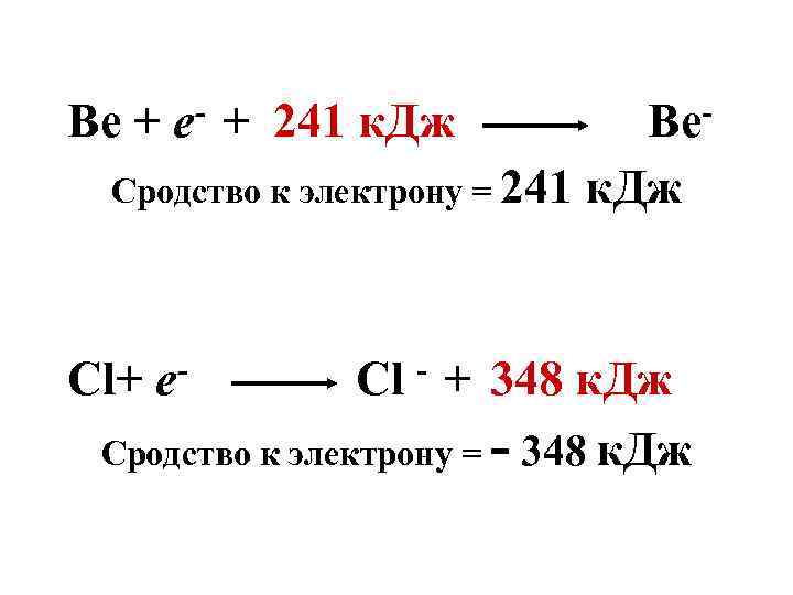 Be + 241 к. Дж Сродство к электрону = 241 Cl+ e- Be к.