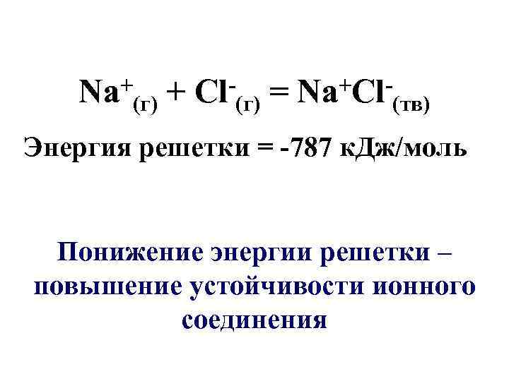 + Na (г) + Сl (г) = +Cl. Na (тв) Энергия решетки = -787