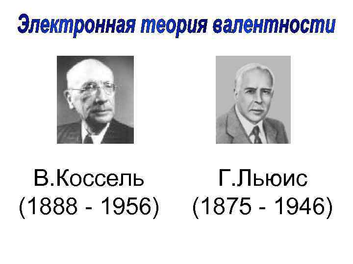 В. Коссель (1888 - 1956) Г. Льюис (1875 - 1946) 