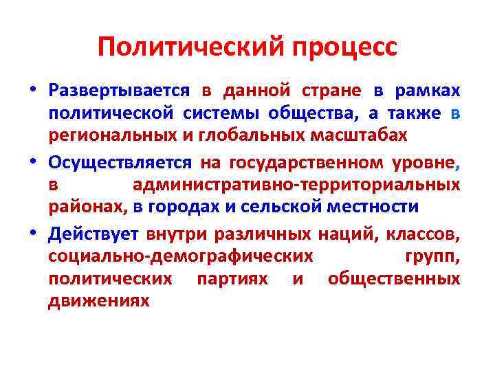 Политический процесс • Развертывается в данной стране в рамках политической системы общества, а также