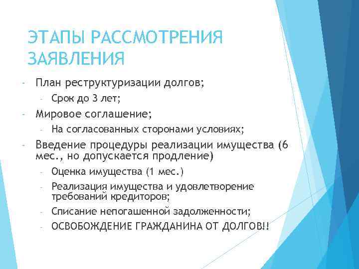 ЭТАПЫ РАССМОТРЕНИЯ ЗАЯВЛЕНИЯ - План реструктуризации долгов; - - Мировое соглашение; - - Срок