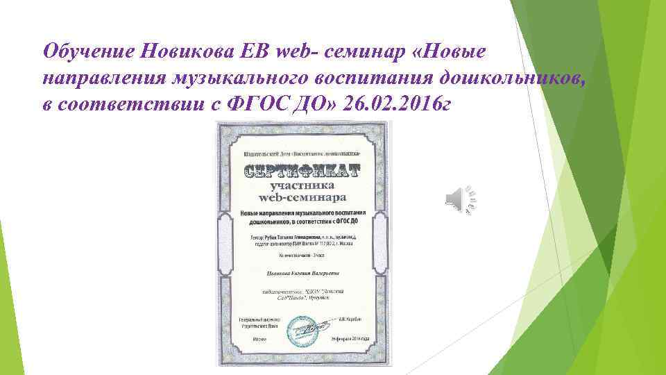 Обучение Новикова ЕВ web- семинар «Новые направления музыкального воспитания дошкольников, в соответствии с ФГОС