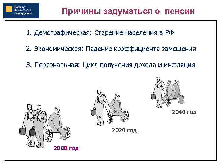 Причины задуматься о пенсии 1. Демографическая: Старение населения в РФ 2. Экономическая: Падение коэффициента