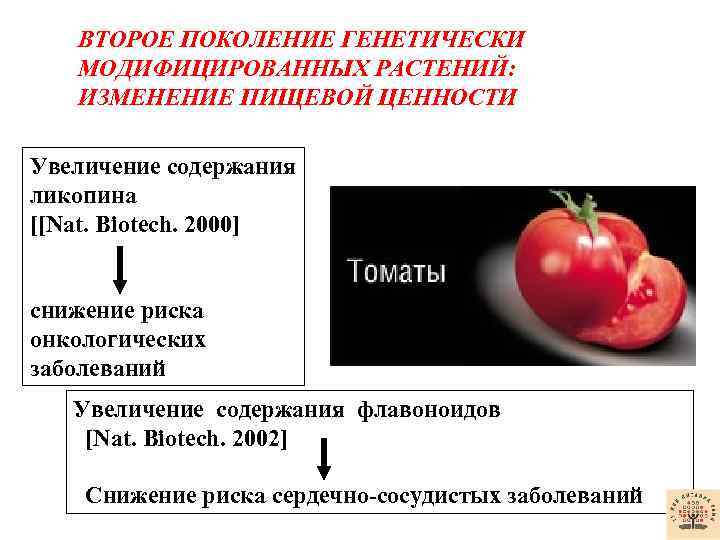 ВТОРОЕ ПОКОЛЕНИЕ ГЕНЕТИЧЕСКИ МОДИФИЦИРОВАННЫХ РАСТЕНИЙ: ИЗМЕНЕНИЕ ПИЩЕВОЙ ЦЕННОСТИ Увеличение содержания ликопина [[Nat. Biotech. 2000]