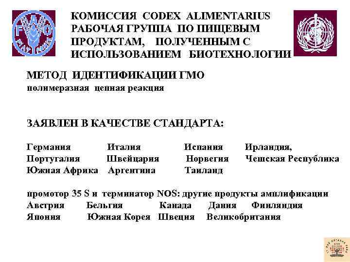  КОМИССИЯ CODEХ ALIMENTARIUS РАБОЧАЯ ГРУППА ПО ПИЩЕВЫМ ПРОДУКТАМ, ПОЛУЧЕННЫМ С ИСПОЛЬЗОВАНИЕМ БИОТЕХНОЛОГИИ МЕТОД