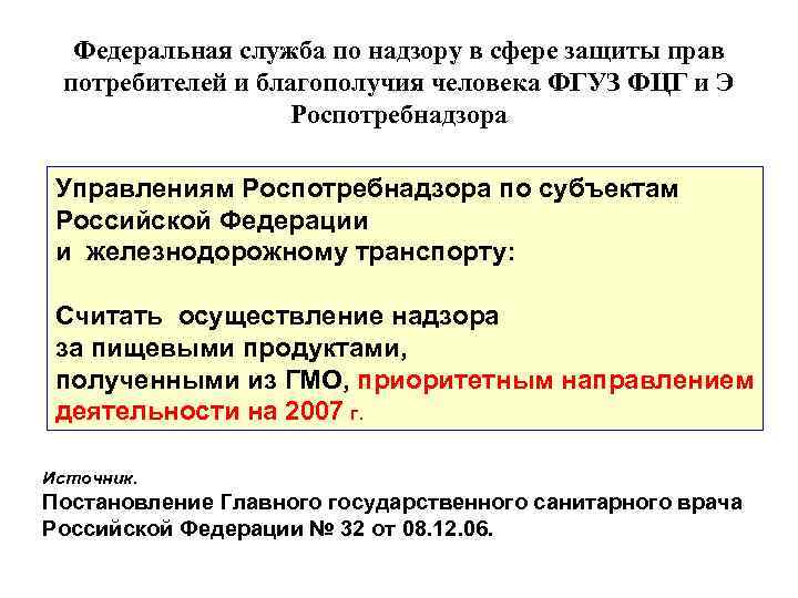 Федеральная служба по надзору в сфере защиты прав потребителей и благополучия человека ФГУЗ ФЦГ