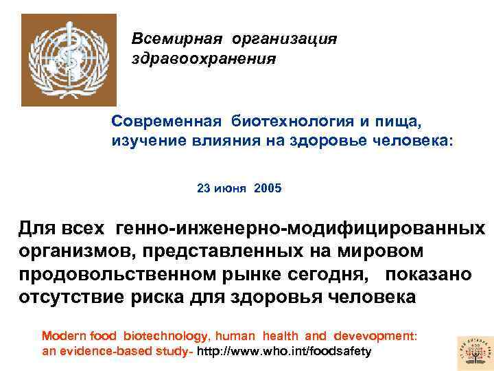 Всемирная организация здравоохранения Современная биотехнология и пища, изучение влияния на здоровье человека: 23 июня