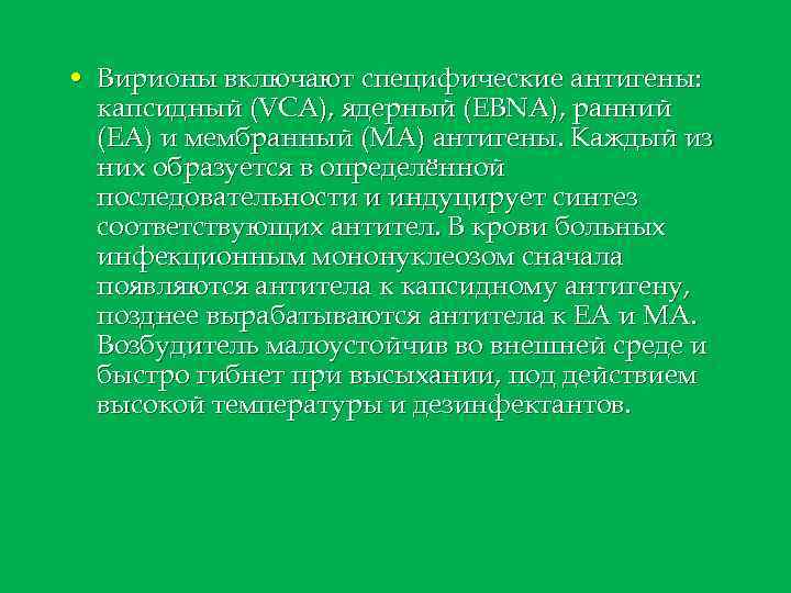  • Вирионы включают специфические антигены: капсидный (VCA), ядерный (EBNA), ранний (ЕА) и мембранный