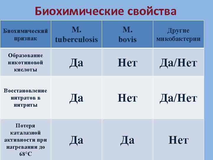 Биохимические свойства Биохимический признак M. tuberculosis M. bovis Другие микобактерии Образование никотиновой кислоты Да